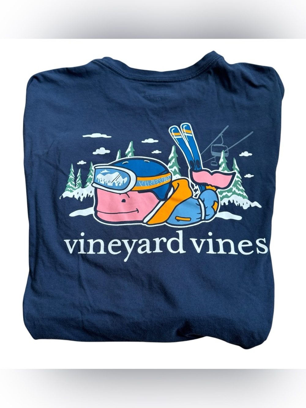 Vineyard Vines Ski Whale Long Sleeve Shirt Mens XXL Navy Blue Graphic Logo